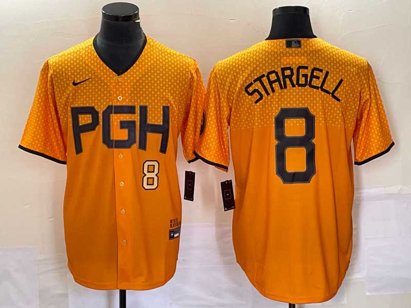 Mens Pittsburgh Pirates #8 Willie Stargell Number Gold 2023 City Connect Stitched Jersey 2